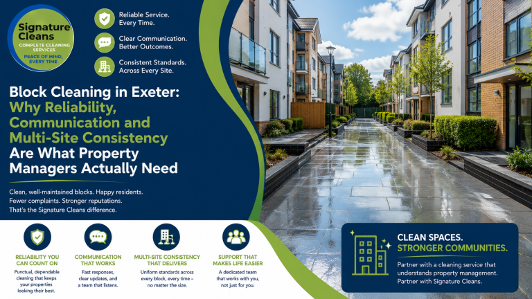Block Cleaning in Exeter: Why Reliability, Communication and Multi-Site Consistency Are What Property Managers Actually Need